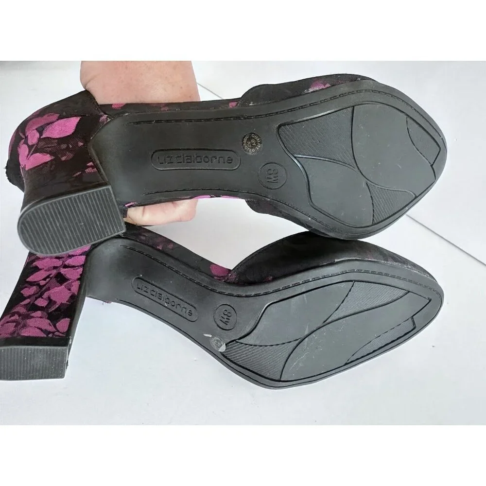 LIZ CLAIBORNE DARK BLUE PURPLE FLORAL ANKLE STRAP PUMPS WINNIE 8W‎ WHIMSY READ